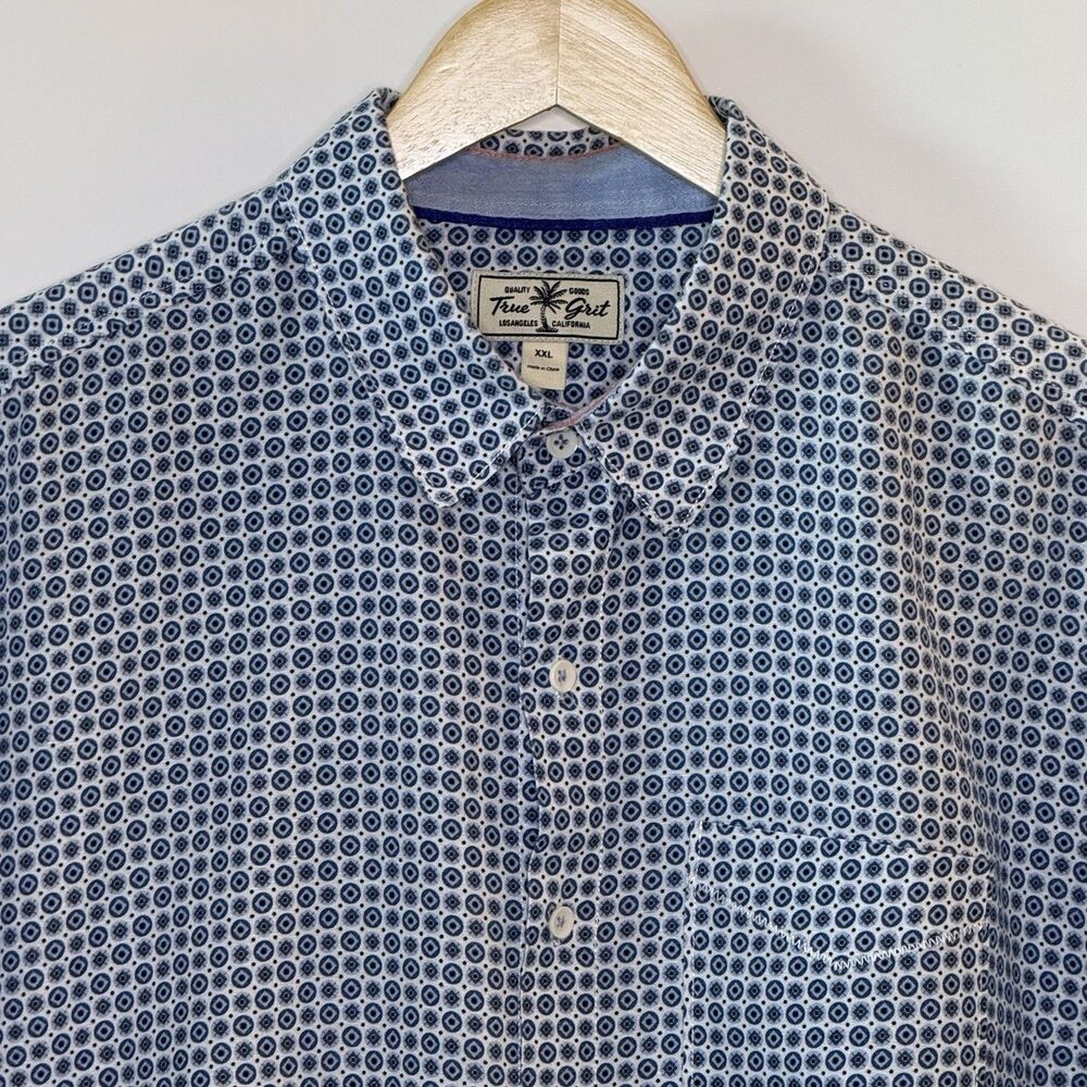 TRUE GRIT Button-Up Short Sleeve Shirt Men's XXL Blue Circles LInen Blend Casual